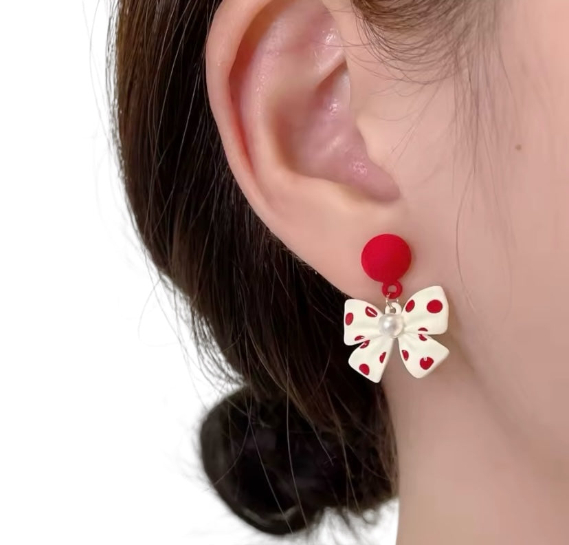 Bowknot Red & White Polka Dot Earrings With Pearl Accent