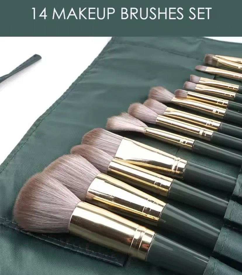 14 Pcs Makeup Brush Set - Green