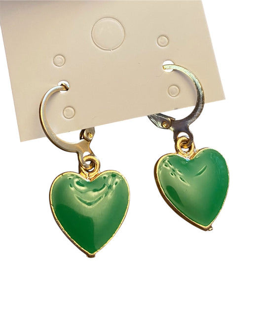 Green Heart and Gold Earrings With Snap Hoop Closure