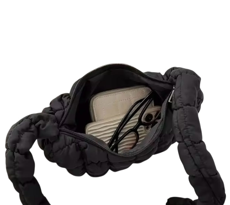 Bubble/puffer, quilted pleated, small/mini purse with shoulder strap