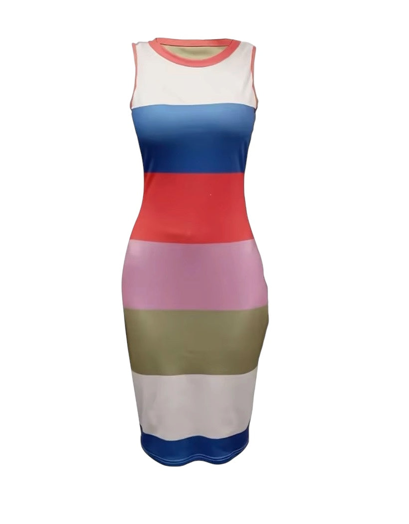 Elegant Women’s Sleeveless Colorblock Dress in Multi-Color