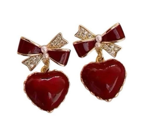 Elegant Red Heart Earrings with Gold Accents