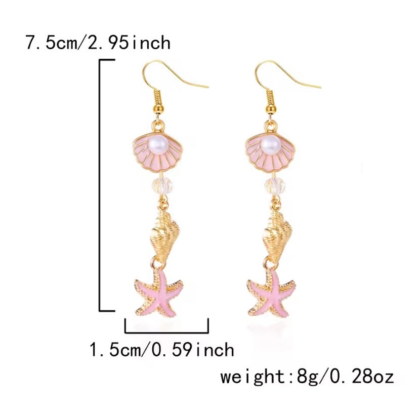 Ocean Style Shell Starfish Drop Earrings - Pink & Gold