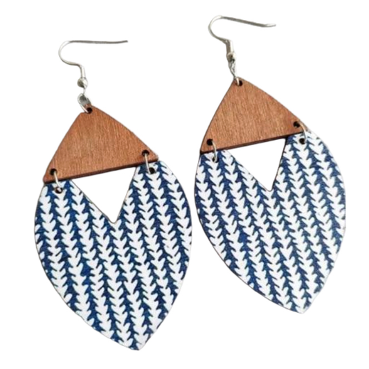 Large Bohemian Geometric Triangle Wooden Leaf Pattern Earrings