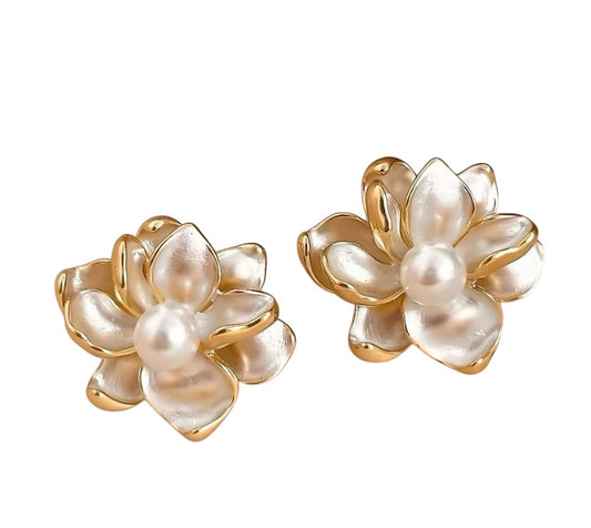 Gold & White Large Floral Pearl Stud Earrings