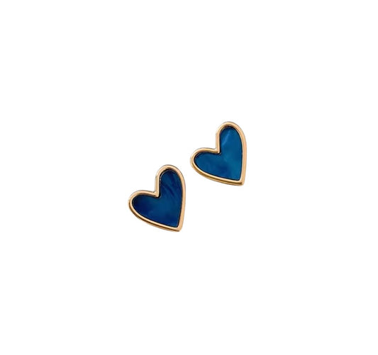 Blue Heart Shaped Stud Earrings - Blue and Gold