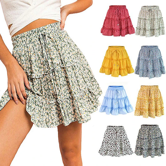 Women's Floral Mini Skirt, Summer High Waist, Ruffled, Lace Up