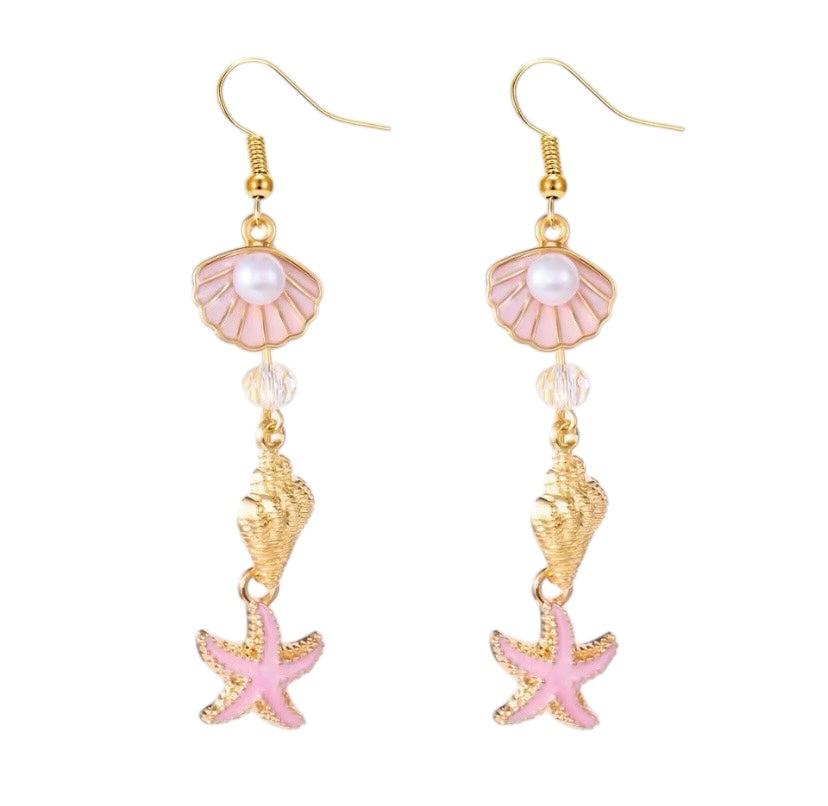 Ocean Style Shell Starfish Drop Earrings - Pink & Gold