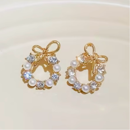 Round Bow Knot, Pearl Stud Earrings. Rhinestone Imitation