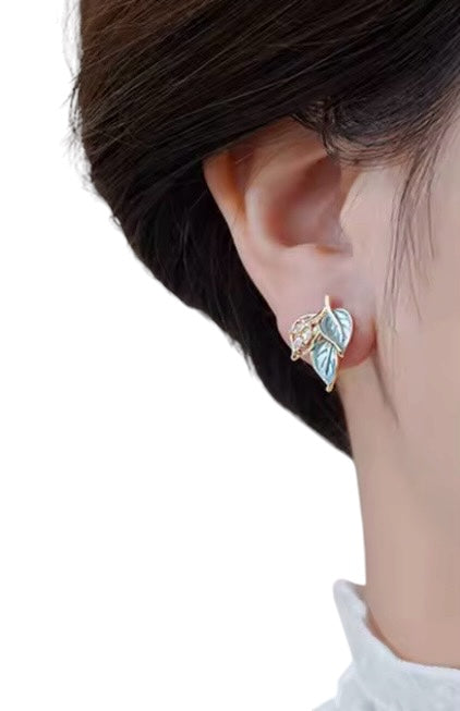 Blue & Gold Leaf Stud Earrings