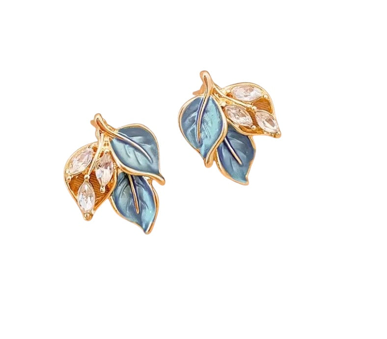 Blue & Gold Leaf Stud Earrings