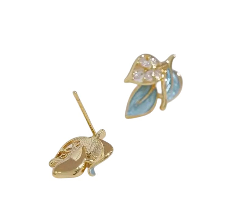 Blue & Gold Leaf Stud Earrings