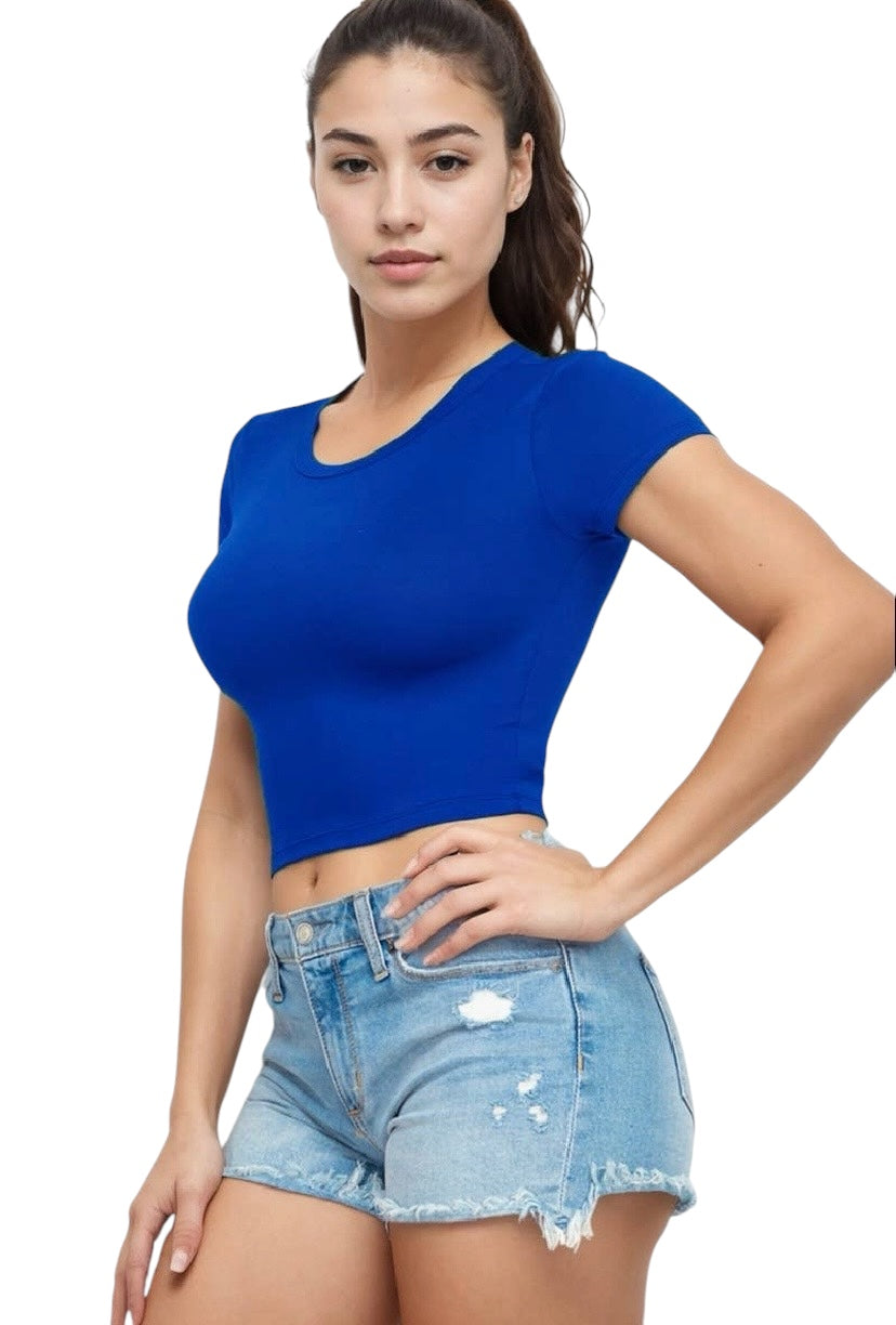 Short Sleeve Roundneck Crop Top: Royal Blue