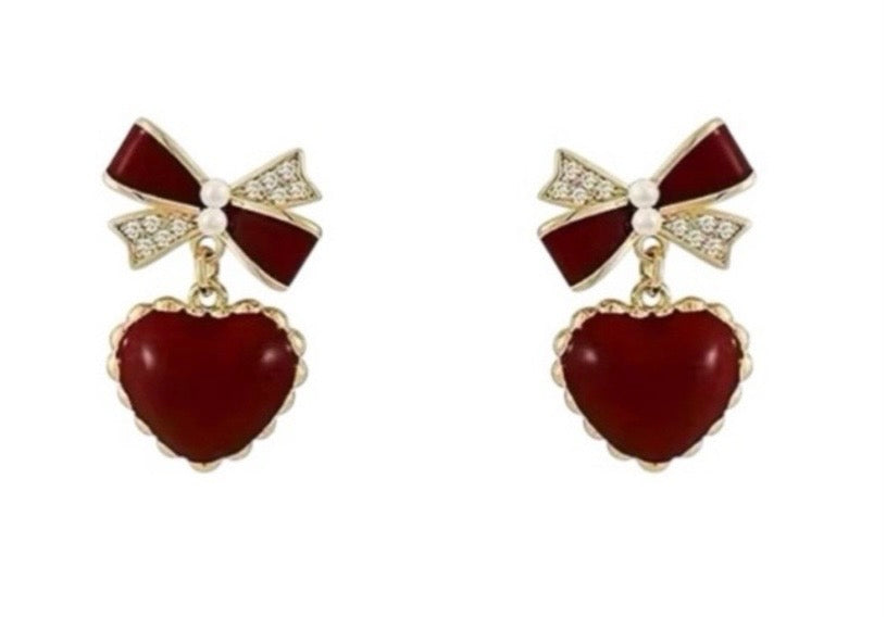 Elegant Red Heart Earrings with Gold Accents