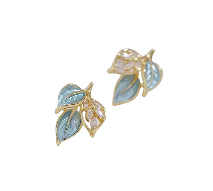 Blue & Gold Leaf Stud Earrings