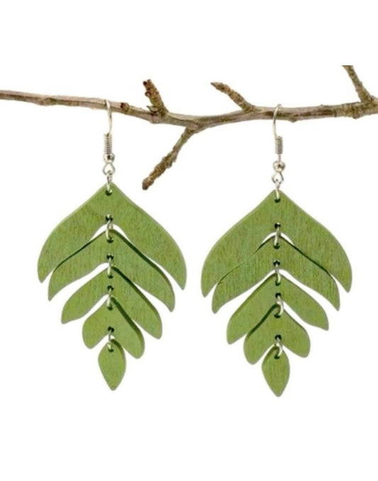 Green - Leaf Feather Wooden Drop Geometric Earrings