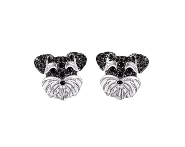 Schnauzer Dog Face Stud Earrings - Silver & Black