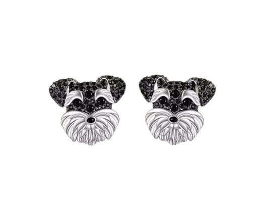 Schnauzer Dog Face Stud Earrings - Silver & Black