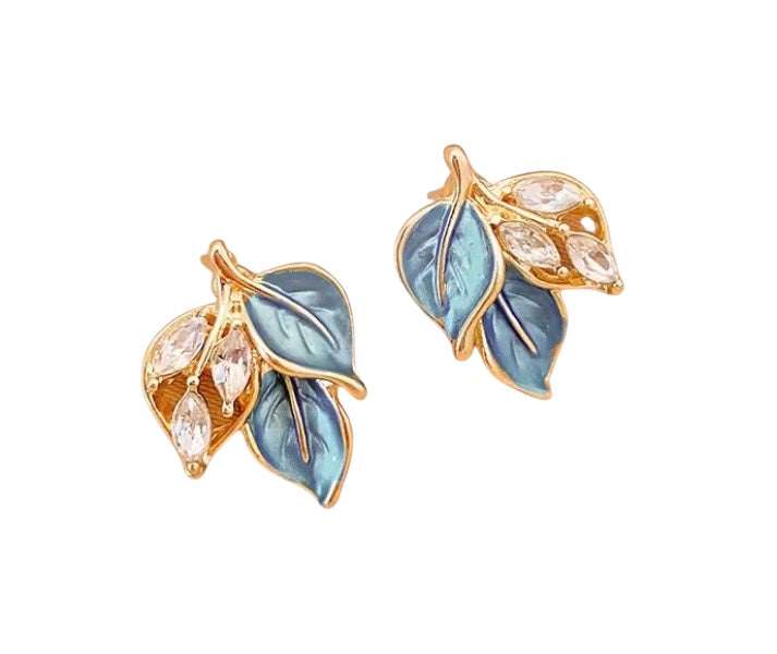 Blue & Gold Leaf Stud Earrings