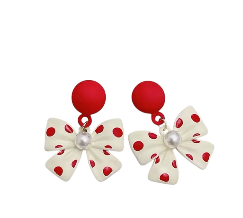 Bowknot Red & White Polka Dot Earrings With Pearl Accent