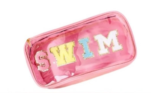 Pink “SWIM” Transparent Cosmetic Bag - Patched Lettering