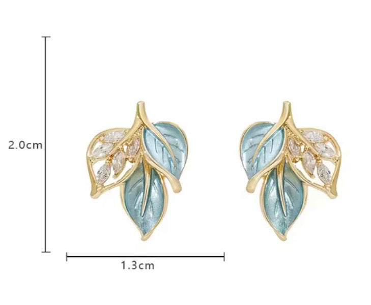 Blue & Gold Leaf Stud Earrings