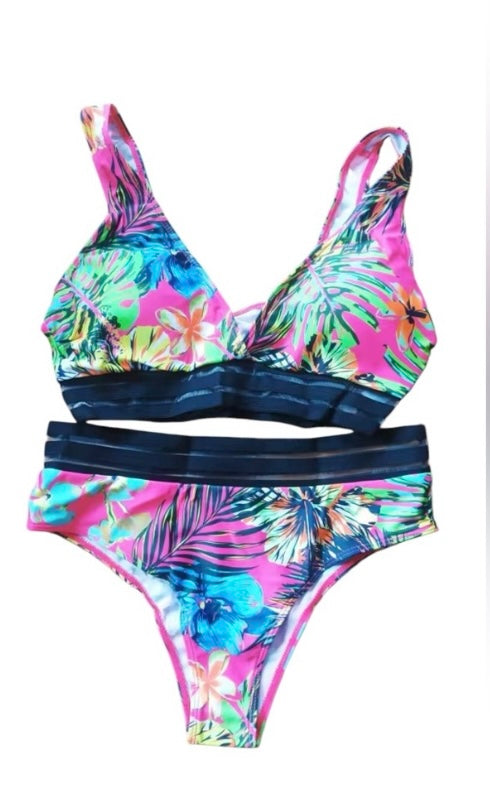 Tropical Push-Up Brazilian Print Bikini Swimsuit - Pink