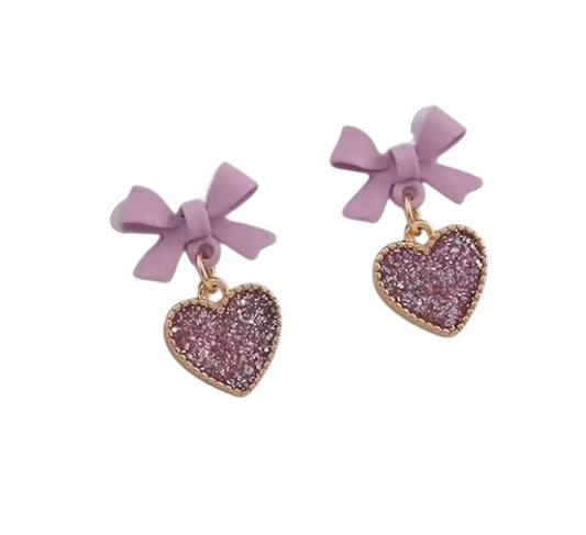 Purple Bowtie Glitter Heart Earrings