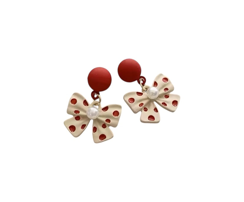Bowknot Red & White Polka Dot Earrings With Pearl Accent