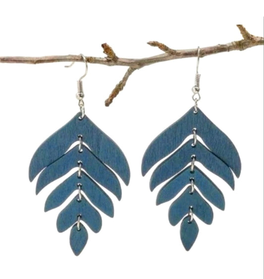 Blue - Leaf Feather Wooden Drop Geometric Earrings