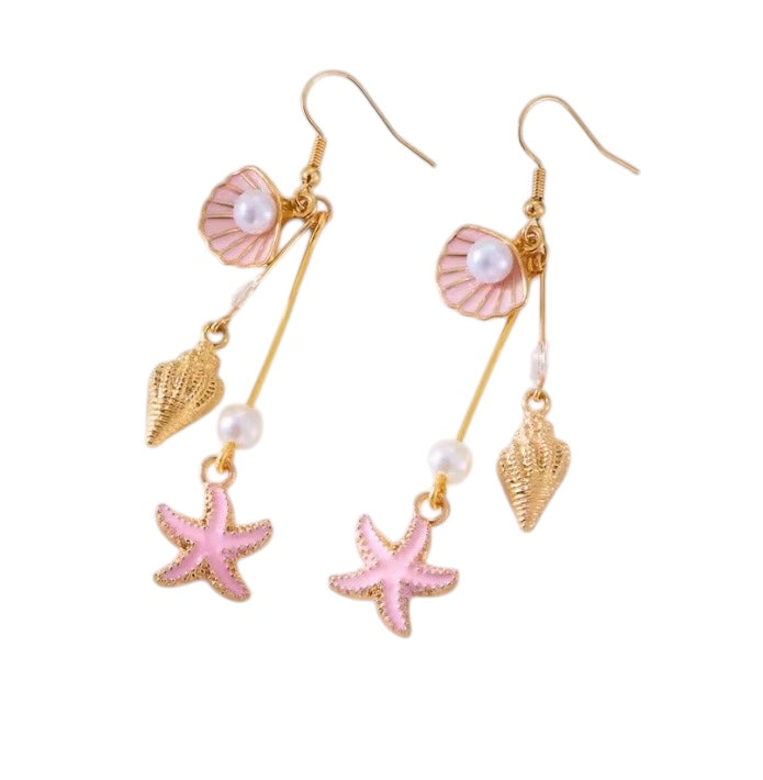 Ocean Style Shell Starfish Drop Earrings - Pink & Gold