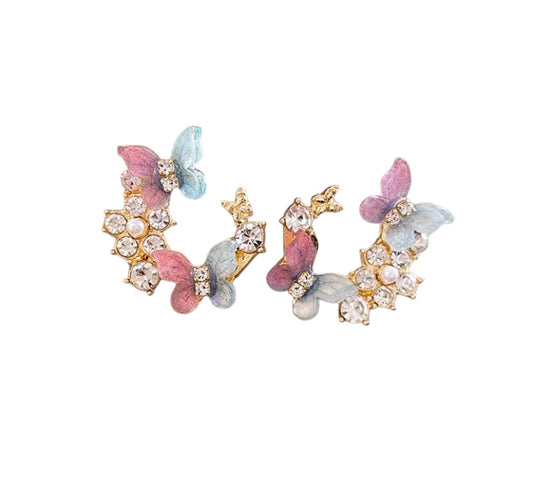 Gold Butterfly & Flower Earrings With Pearl & Rhinestone Accents
