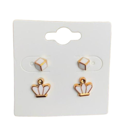 2 Pack Stud Earrings. Acrylic Backing. White & Gold Sets