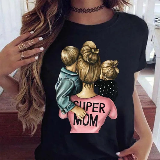 Maycaur Women Cartoon Mom Mother Boy Girl Print Mother Lady T-shirts