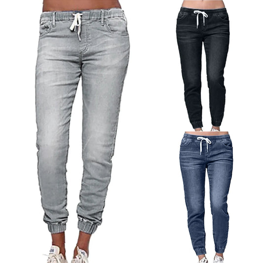 Casual Women's Plus Size, Drawstring, Elastic Waist Jeans, Loose Denim