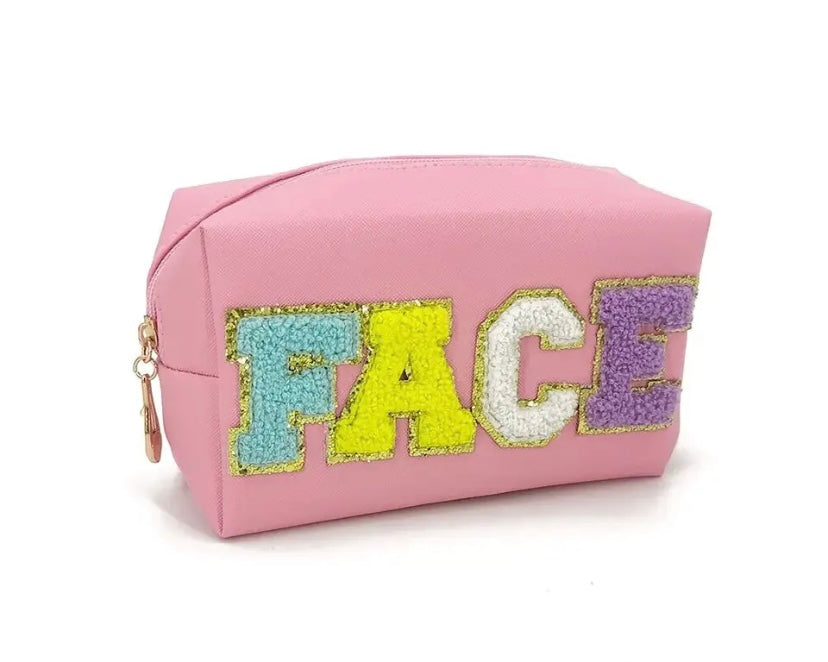 Pink “FACE” Cosmetic Makeup Bag, Patch Chenille Letter. Multi-colored