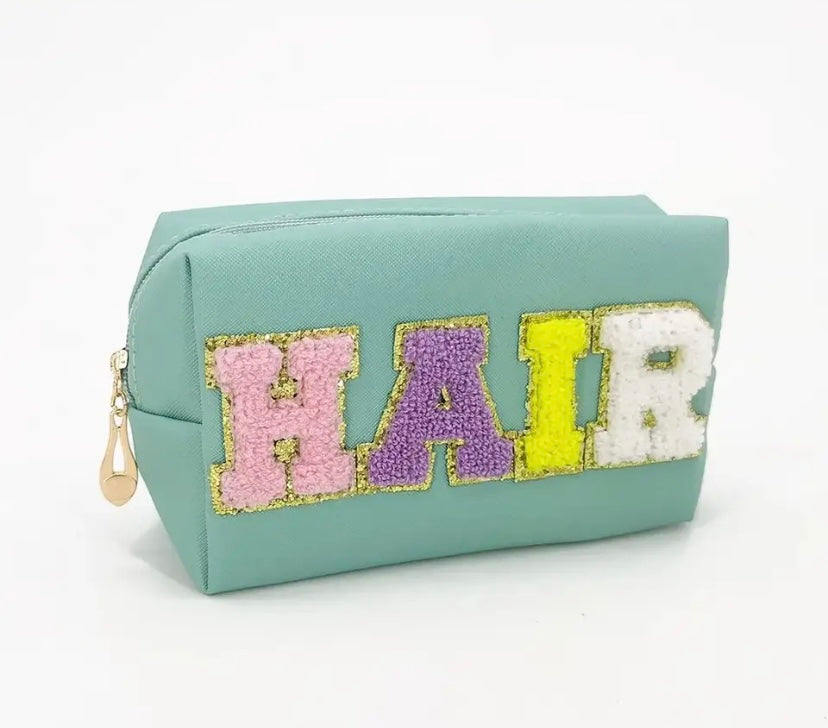 “HAIR” Cosmetic Makeup Bag, Patch Chenille Letter. Multi-colored