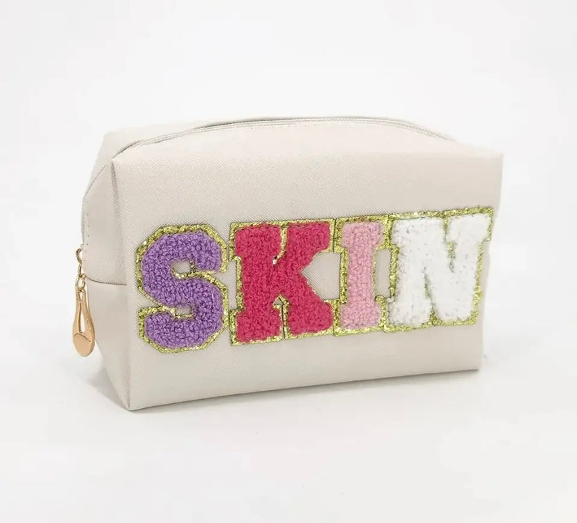 Cream “Skin” Cosmetic Makeup Bag, Patch Chenille Letter. Multi-colored