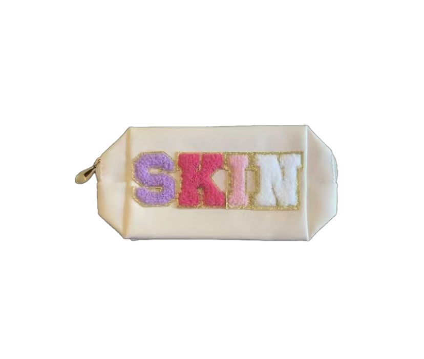 Cream “Skin” Cosmetic Makeup Bag, Patch Chenille Letter. Multi-colored