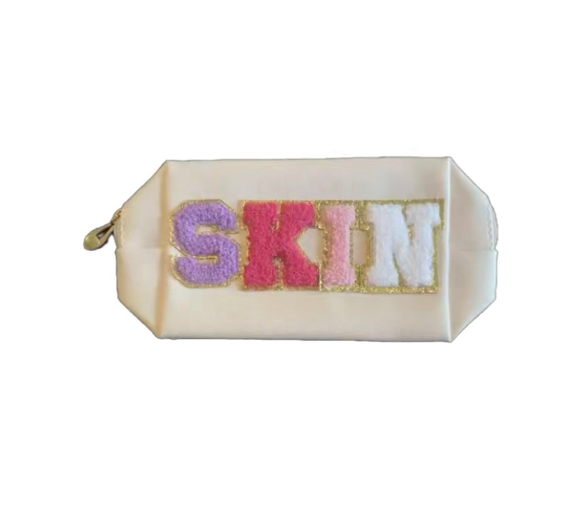 Cream “Skin” Cosmetic Makeup Bag, Patch Chenille Letter. Multi-colored