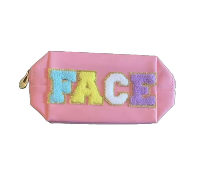 Pink “FACE” Cosmetic Makeup Bag, Patch Chenille Letter. Multi-colored