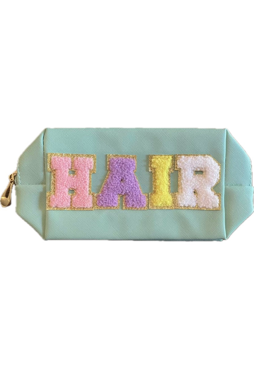 “HAIR” Cosmetic Makeup Bag, Patch Chenille Letter. Multi-colored