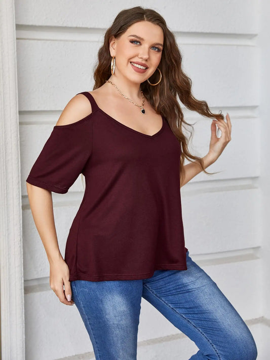 Summer Deep V Neck Short Sleeves Cold Shoulder Sexy Tees Women Plus