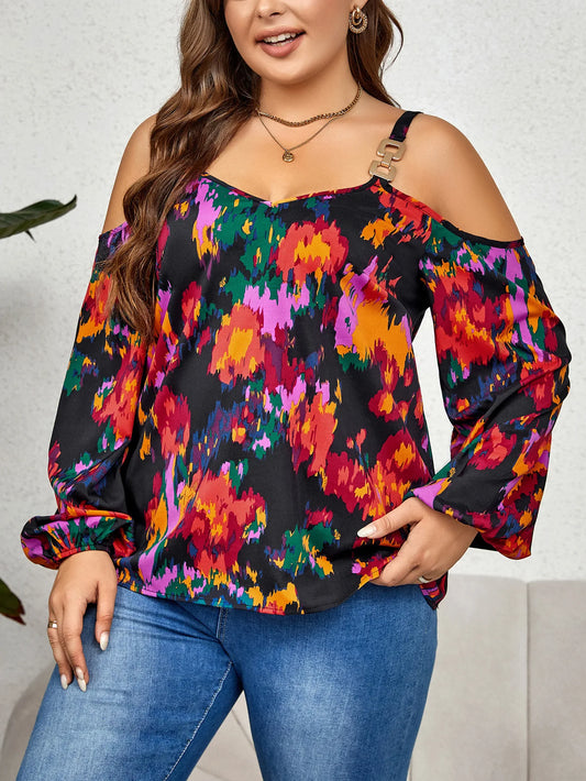 Long Sleeve Women's Top, V Neck Cold Shoulder, Plus Size