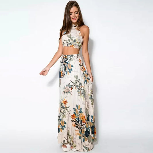 Women's Two-Piece Set Backless Dress Outfits Summer Floral Beach