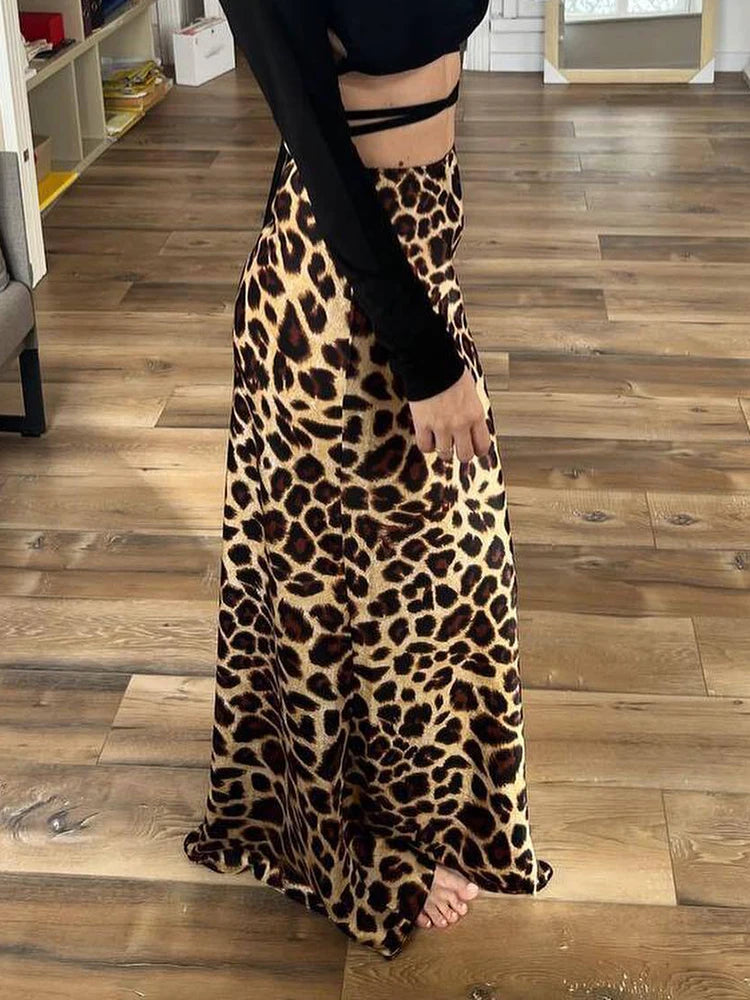 Women's Leopard, Satin Skirt, Maxi