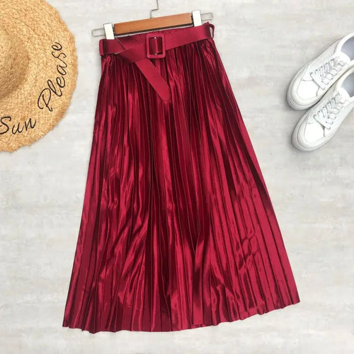 High Waist, Elegant Stain, Women's Pleated Skirt with Belt