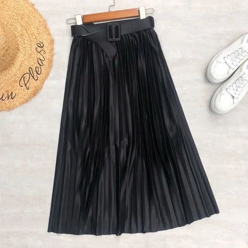 High Waist, Elegant Stain, Women's Pleated Skirt with Belt