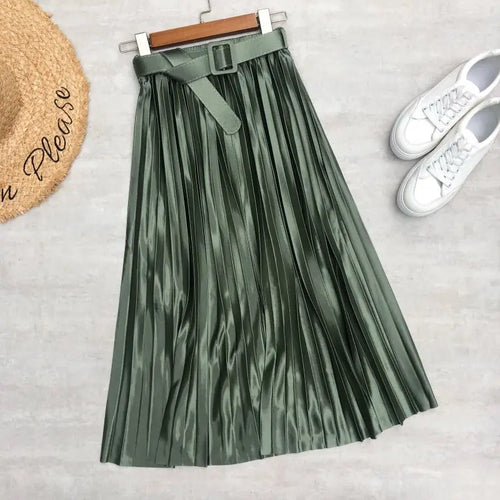 High Waist, Elegant Stain, Women's Pleated Skirt with Belt