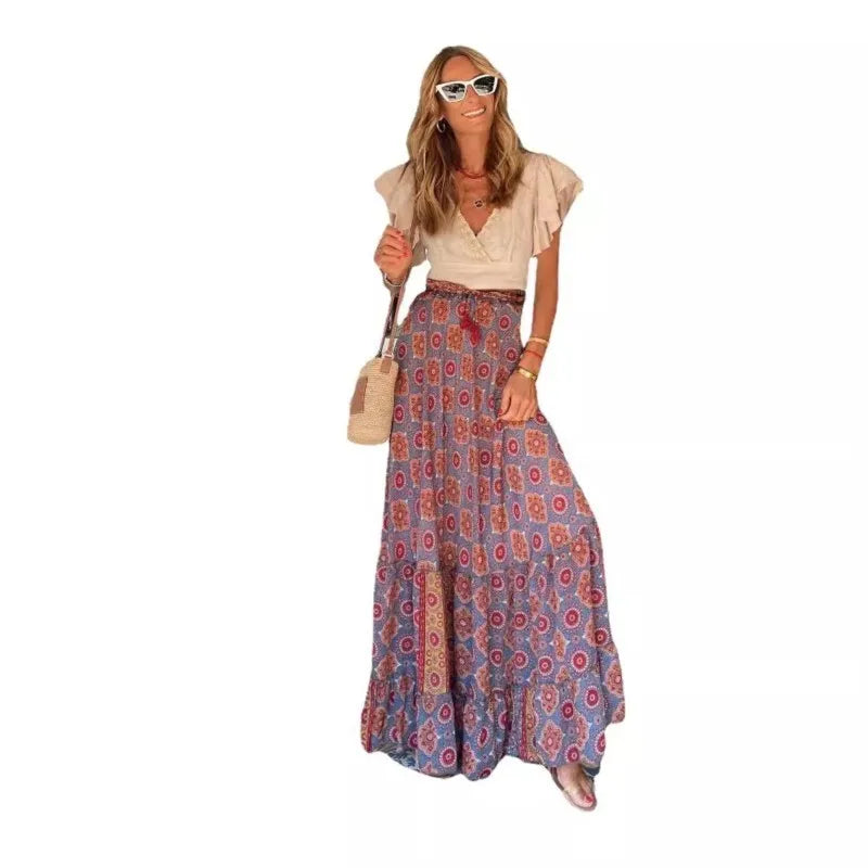 Fashionable Summer, Women's Printed, Long Skirt, Ruffled